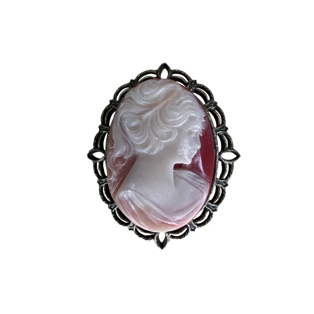 Cameo Brooch Pink Red Antiqued Bronze Filigree Victorian Style Pin - Picture 3 of 6